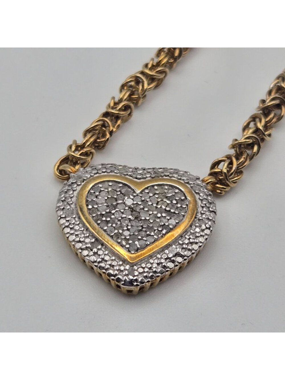 Gold-Plated Sterling Silver Pave Heart Pendant Necklace Byzantine Chain